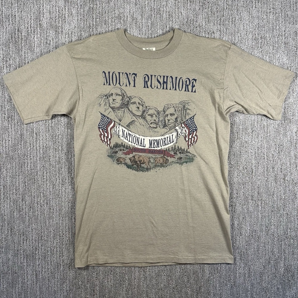 Vintage Mount‎ Rushmore National Memorial Shirt Mens Large Beige 90s Made In USA